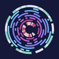 Abstract round vector shape. Rotating color lines. Concentric segments of circles. Trendy line and circle form technology logo icon. Cycle concentric rings. Abstract circular, radial loop element.