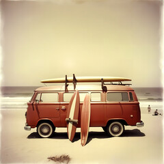 a van with surfboard on beach and sea, summer road trip, Ai Generative