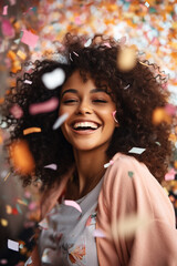 Celebrating happiness, young woman afro hair with big smile throwing colorful confetti. festival,Party, holidays and birthday concept. Generative AI
