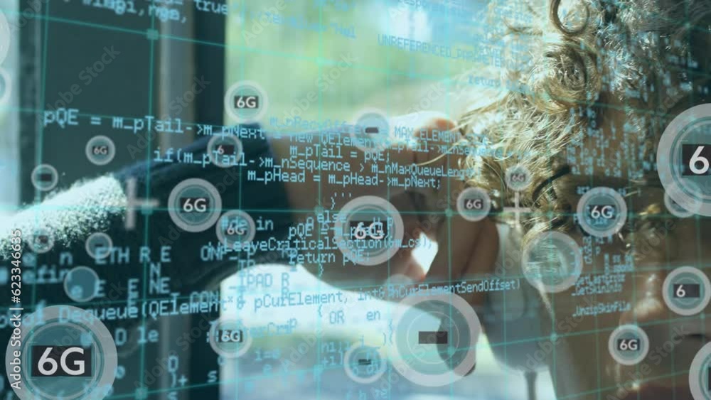 Poster animation of data processing with network of icons over caucasian man with headphones