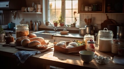 Naklejka premium Impressive view of Cozy kitchen with baking project. Childhood memories. The aroma of baking. Warm home atmosphere. Generative AI.