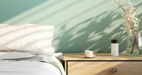 Obraz na płótnie Canvas Effortless Elegance: A Striped Turquoise Blue Bedroom Set against a Pastel Green Wall - Ideal for Luxury Cosmetic and Skincare Brands - 3D Background