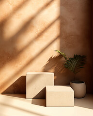Striking Simplicity: A Brown Cube atop a Sleek Pedestal in a Sunlit Corner - Perfect for High-End Cosmetic and Skincare Brands - 3D Background