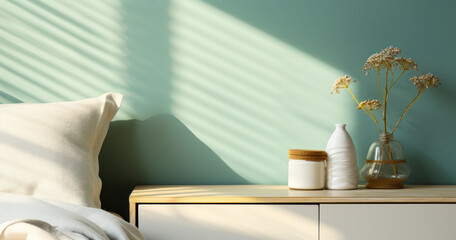 Effortless Elegance: A Striped Turquoise Blue Bedroom Set against a Pastel Green Wall - Ideal for Luxury Cosmetic and Skincare Brands - 3D Background