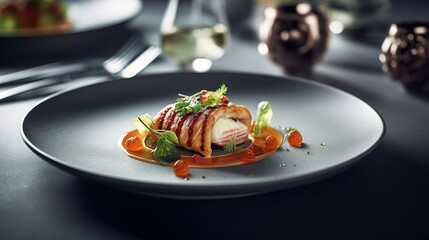 Exquisite Gourmet Dish presented. Restaurant dish. Lunch in a restaurant. For restaurant advertising. Generative ai.