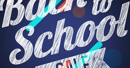 Animation of back to school sale text banner over abstract colorful shapes against blue background - Powered by Adobe
