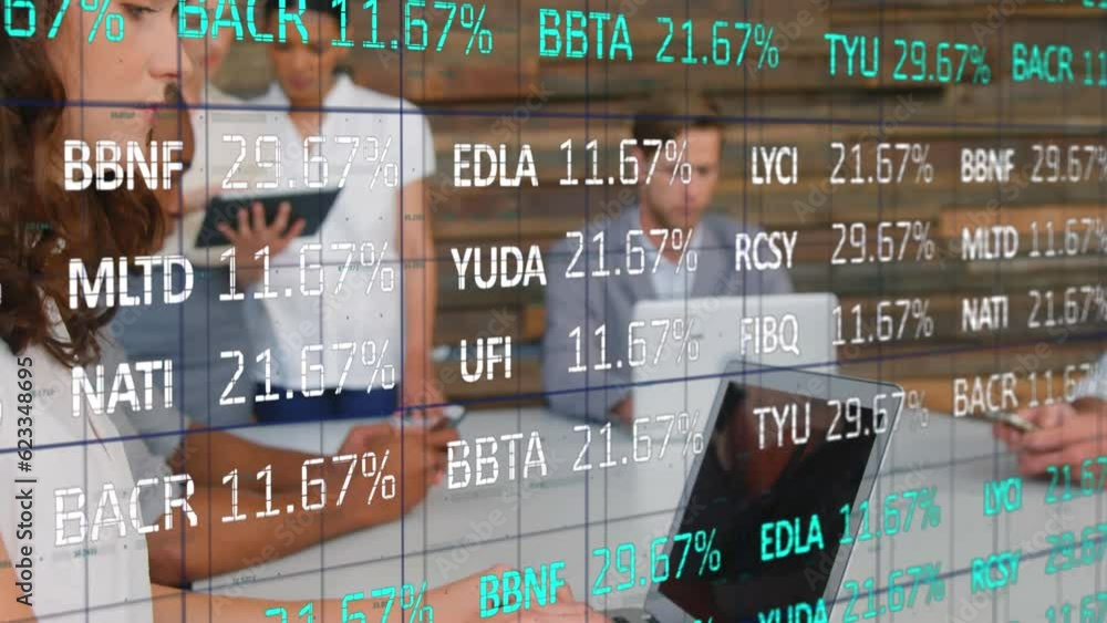 Poster animation of trading board over grid pattern over diverse coworkers discussing and using technology