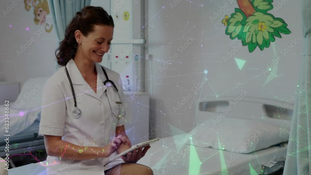 Sticker Animation of graphs and connected dots, caucasian female doctor using digital tablet in hospital