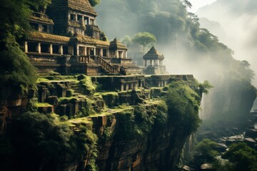 Landscape Photography of Ancient Temple Nestled on a Mountain, Generative AI