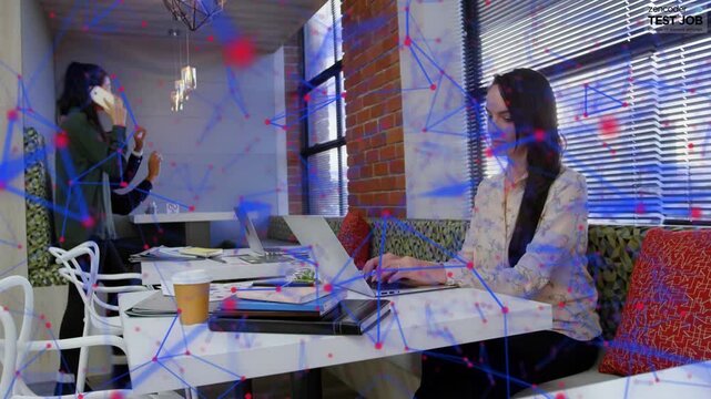 Animation of connected dots, diverse coworkers using vr headset and laptop and talking on cellphone