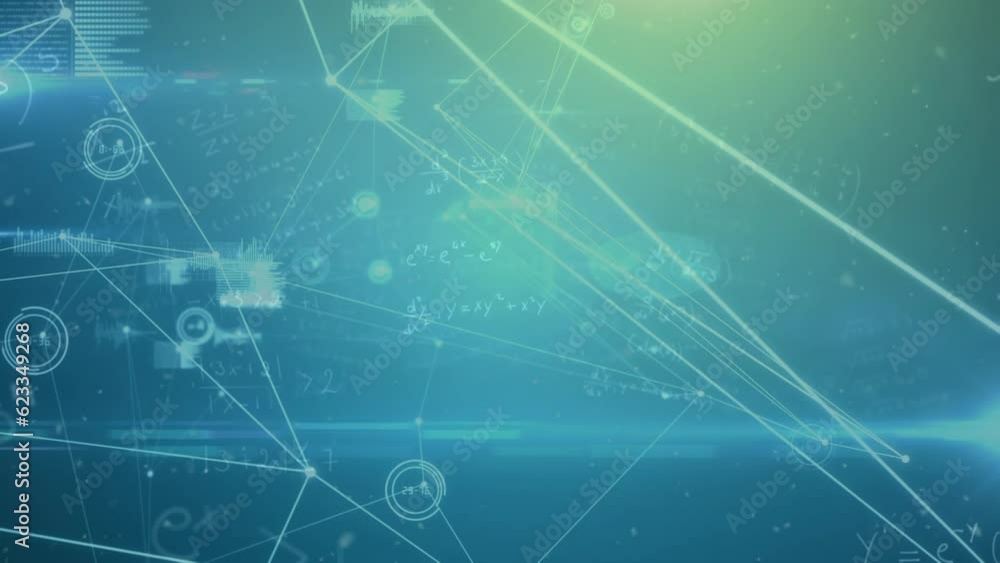 Poster animation of connected dots, graph icons, changing numbers in circles over mathematical equations