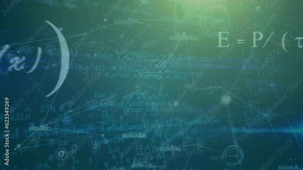 Poster animation of connected dots, graph icons over computer language, mathematical diagrams and sums