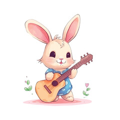 Fototapeta na wymiar Cute bunny playing guitar watercolor paint