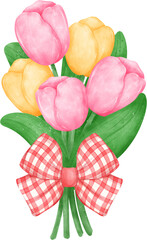 vibrant bouquet of tulip flowers with cute bow tie  in a delightful pastel watercolour hand drawing