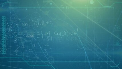 Animation of mathematical equations over connected dots and lens flares on blue background - Powered by Adobe