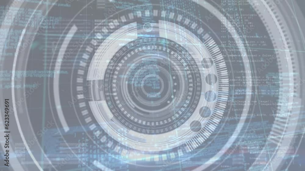 Poster animation of circles over grid pattern against computer language on abstract background