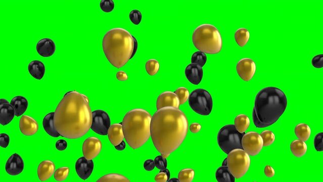 Animation of black and golden balloons flying against green background