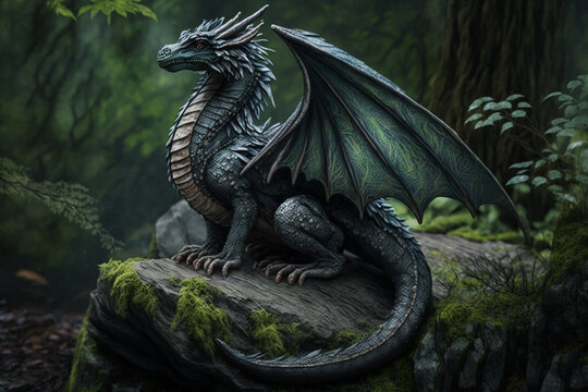 Forest dragon with wings sitting on stone in green woods generative ai