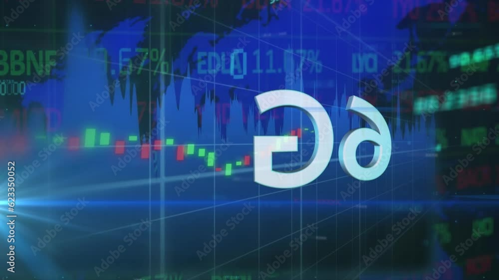 Poster animation of 6g text over multiple graphs, map and trading board against black background