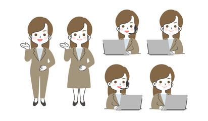 スーツで働く女性のいろいろなシーン・ポーズのイラストセット