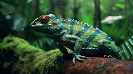 Fototapeta premium green lizard on a tree HD 8K wallpaper Stock Photographic Image