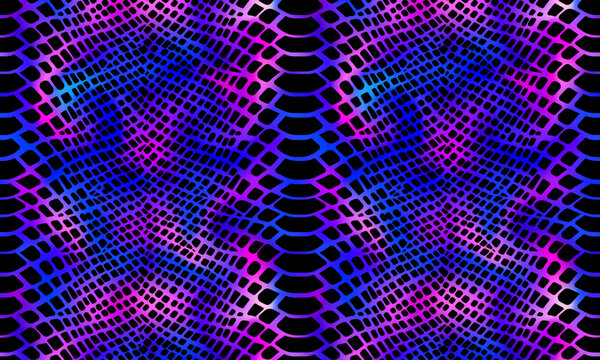 Trendy dark rainbow snake skin pattern vector horizontal background. Neon wild animal reptile skin, shiny purple holographic gradient repeat texture for fashion print design, wallpaper