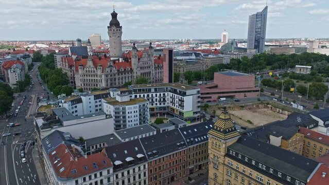 Drone shot of centre of the city ( Inner Stadt ) Leipzig located in the Mitte district . It includes numerous architectural monuments.