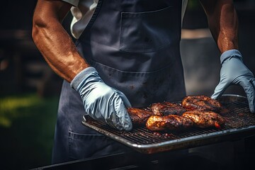 A man in an apron and gloves grills potatoes.