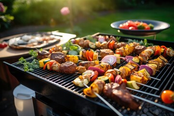 Meat and vegetable canapes on a barbecue grill with the backyard of a house in the background.