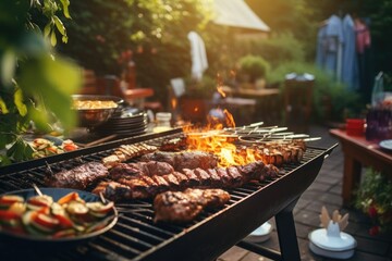 Barbecue party in the backyard with meat and vegetables on fire.