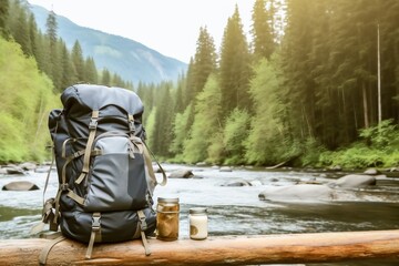 Travle backpack and river with forest. created generative ai.