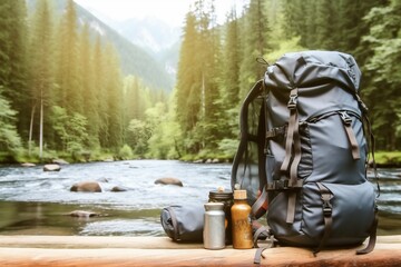 Travle backpack and river with forest. created generative ai.