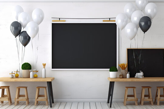 School class decorated with balloons with blackboard, tables and chairs on a white wall background. The concept of the beginning of the school year.