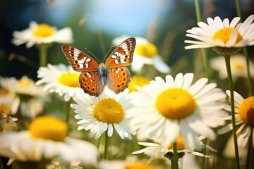 Butterfly on chamomiles in the meadow