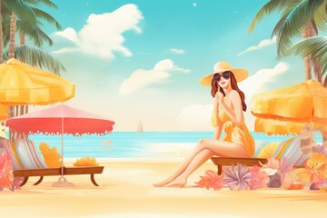 Summer promotion banner with a girl on the beach by the ocean.