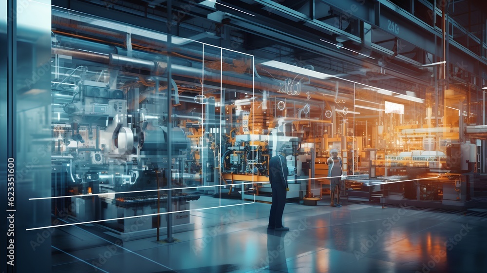 Poster a smart factory presents a seamless integration of connected machines and workers. increased efficie
