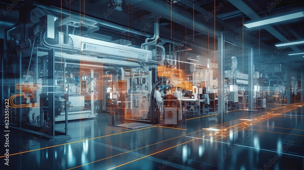 Poster a smart factory presents a seamless integration of connected machines and workers. increased efficie