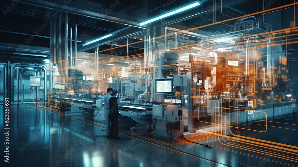 Poster a smart factory presents a seamless integration of connected machines and workers. increased efficie
