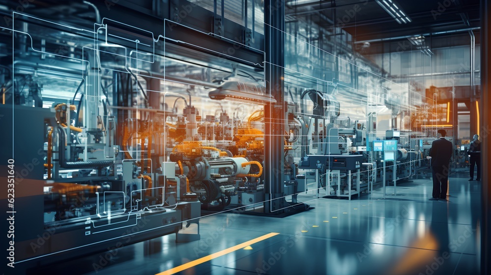 Poster a smart factory presents a seamless integration of connected machines and workers. increased efficie