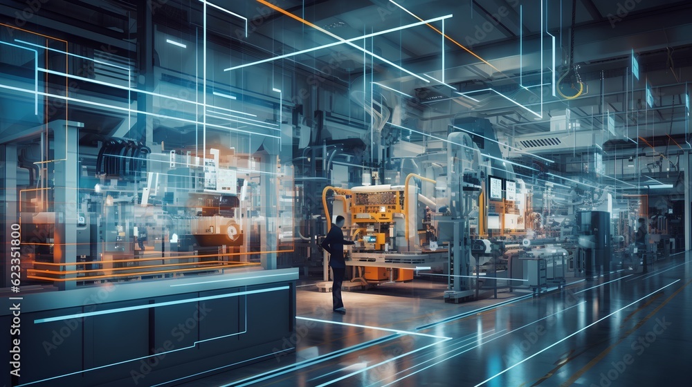 Poster a smart factory presents a seamless integration of connected machines and workers. increased efficie