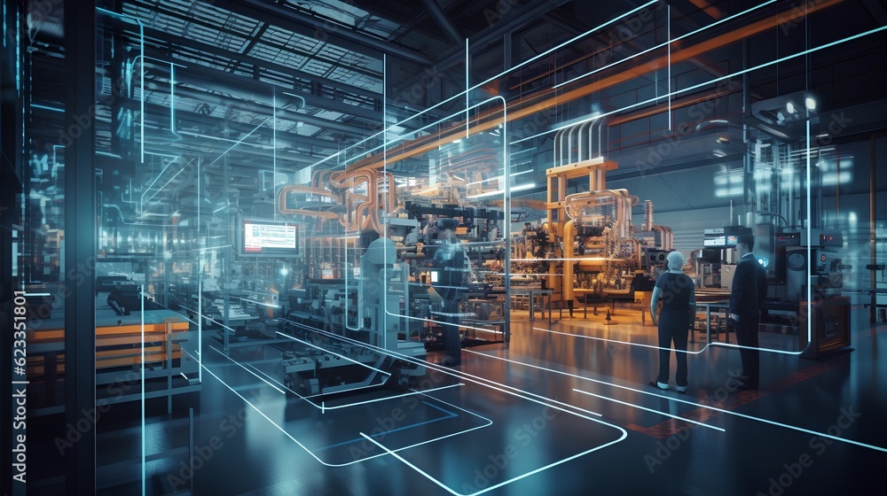 Poster a smart factory presents a seamless integration of connected machines and workers. increased efficie