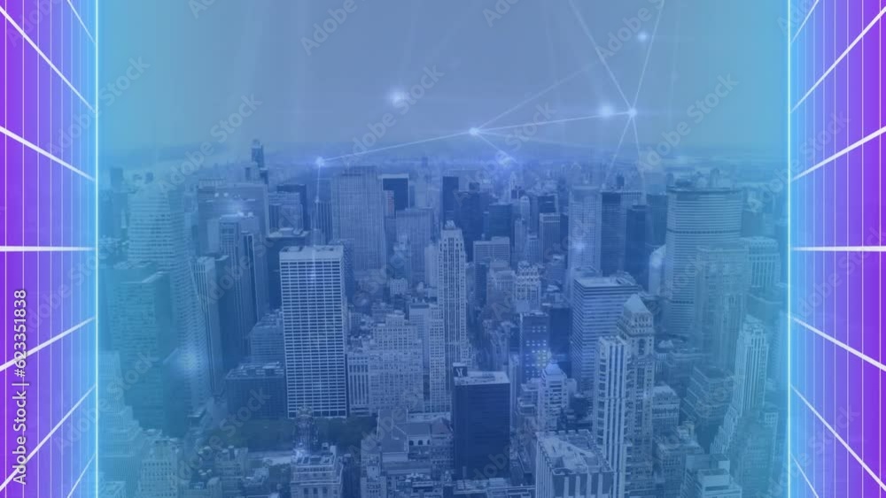Poster animation of illuminated grid pattern and connected dots over aerial view of cityscape against sky