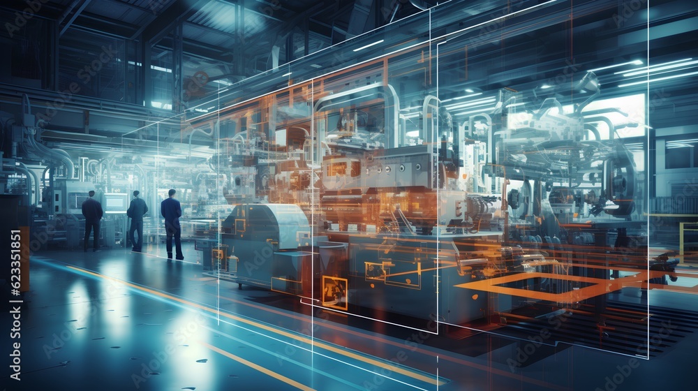 Poster a smart factory presents a seamless integration of connected machines and workers. increased efficie