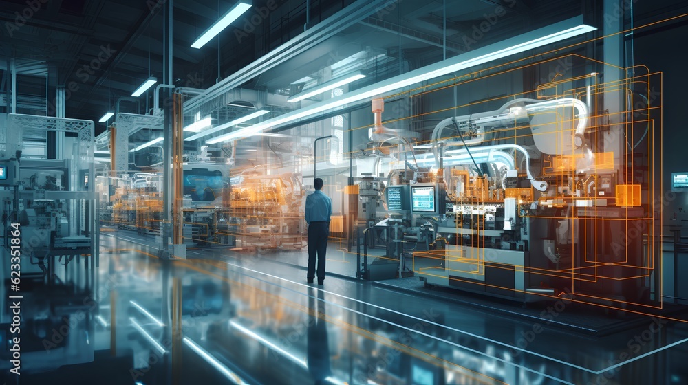 Poster a smart factory presents a seamless integration of connected machines and workers. increased efficie