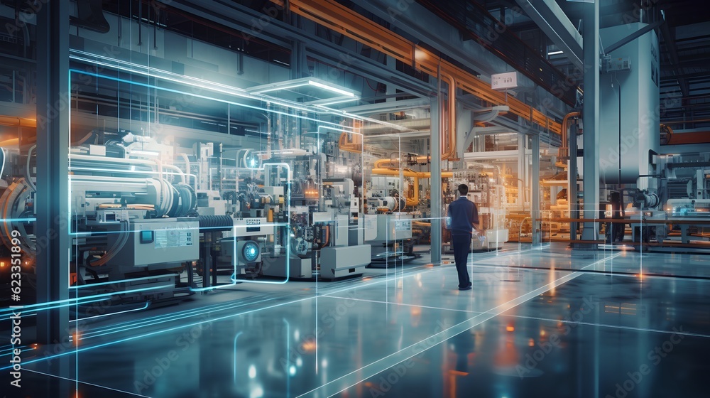 Poster a smart factory presents a seamless integration of connected machines and workers. increased efficie