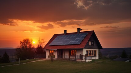 Family house with solar panels and sunrise solar energy system Sunset.
