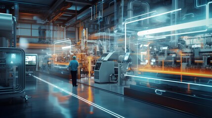 Fototapeta premium A smart factory presents a seamless integration of connected machines and workers. Increased efficiency, real-time communication, and data-driven decision-making. Advent of Industry 4.0. Generative AI