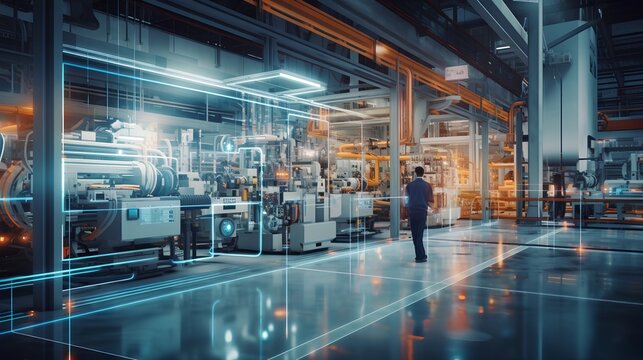 A smart factory presents a seamless integration of connected machines and workers. Increased efficiency, real-time communication, and data-driven decision-making. Advent of Industry 4.0. Generative AI