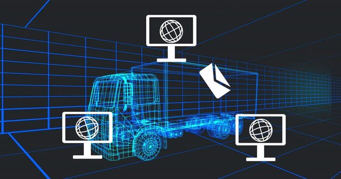 Animation of computer networking icons over 3d truck model moving in seamless pattern in a tunnel