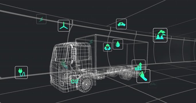 Animation of multiple digital icons over 3d truck model moving in seamless pattern in a tunnel